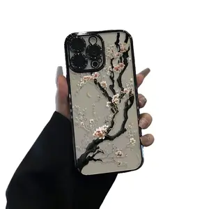White cherry blossom tree Blooming Pattern Electroplated Mobile Case Camera Lens Protection wildflower cases for iphone 17 15 Pro max case 14 13 12 11 XR XS Plus Shockproof and non-slip silicone transparent acrylic mobile phone protective film
