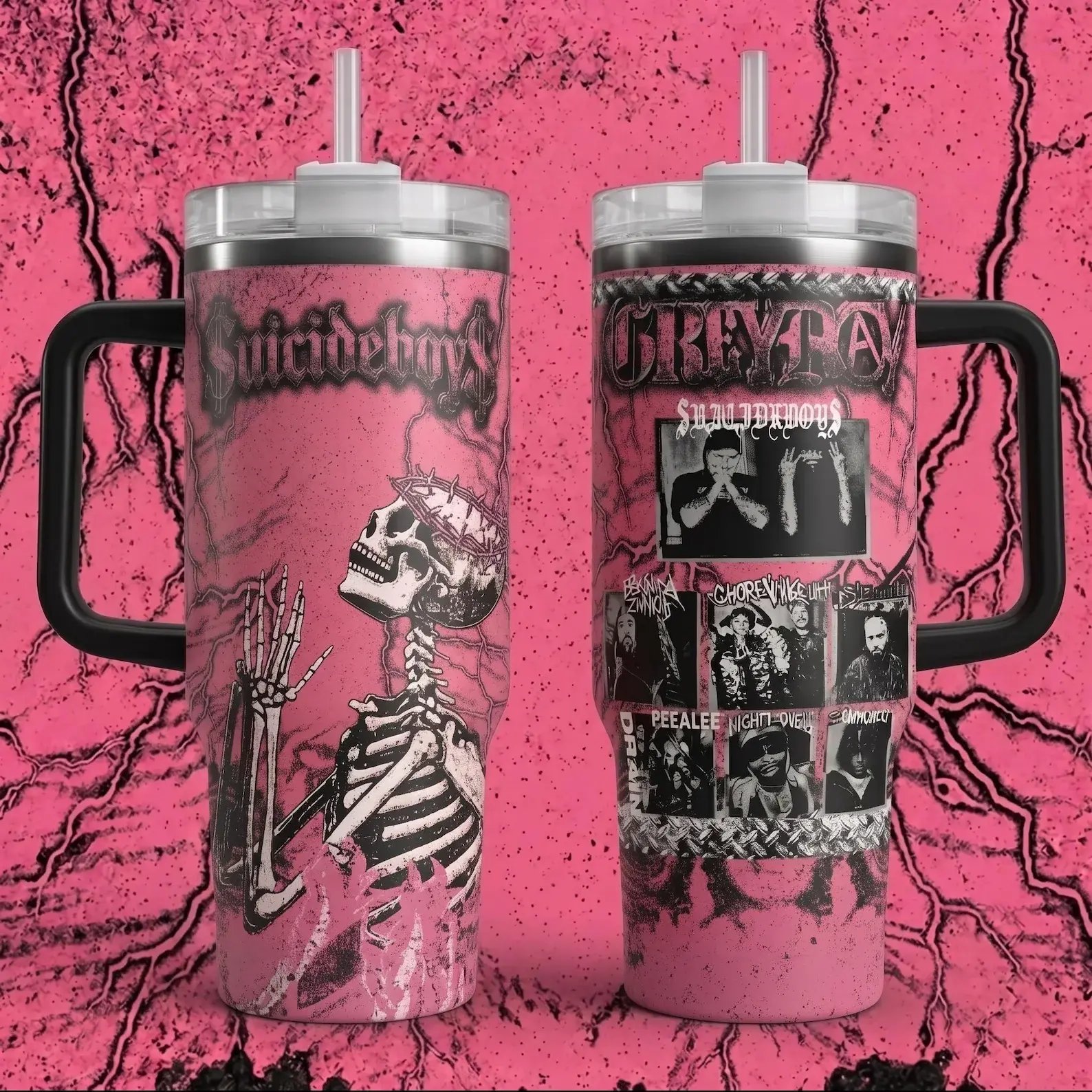 Goth Punk $uicideboy$ Greyday 2026 Tumbler 40oz with Handle | G59 Family Stainless Steel Insulated Travel Mug | Dark Aesthetic Skeleton Praying Cup Gift for Rap Metal Music Fans