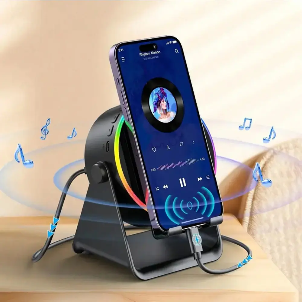 Wireless Magnetic Audio Speaker Stand, 5-in-1 Smartphone/Device Holder, Latest Version Compatible with iPhone 17 Series, 3500mAh Rechargeable Portable Charger, 360° Adjustable Mobile Tablet Stand with Colorful Ambient Light, Gifts for Boyfriend