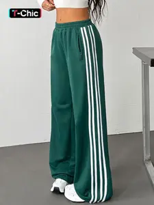 Women's Wide Leg Sweatpants High Waisted Track Pants Elastic Waistband Joggers Side Stripe Athletic Pants Green Casual Lounge Pants Loose Fit Yoga Pants Streetwear Sport Trousers Soft Jersey Athleisure Relaxed Fit Workout Bottoms Athleisure Style Pants