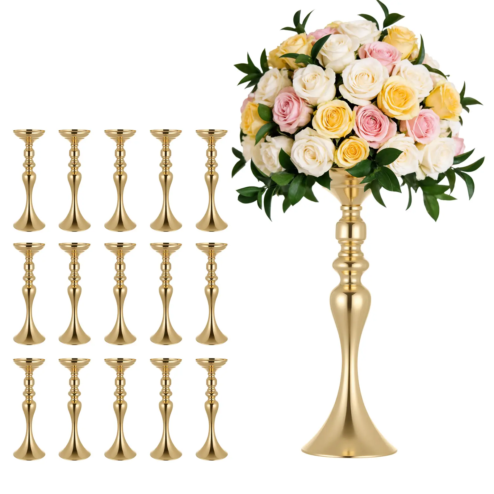 【SummerFinds】VEVOR 16-Piece Decorative Gold Floral Candle Vase Set, 15-in Tall Steel Crystal Table Centerpieces, 5.1-in Base Diameter, Easy-Install Electroplated Stand for Weddings, Home Decor
