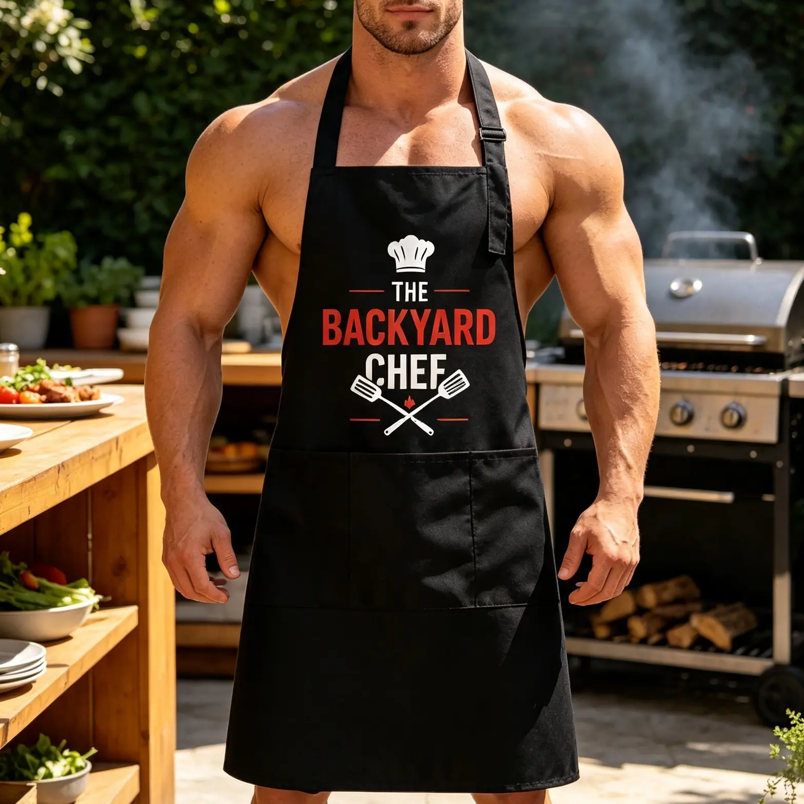 Men BBQ Apron The Backyard Chef Print Adjustable Cooking Apron With Pockets Funny Grilling Gift For Dad Husband Backyard Cook