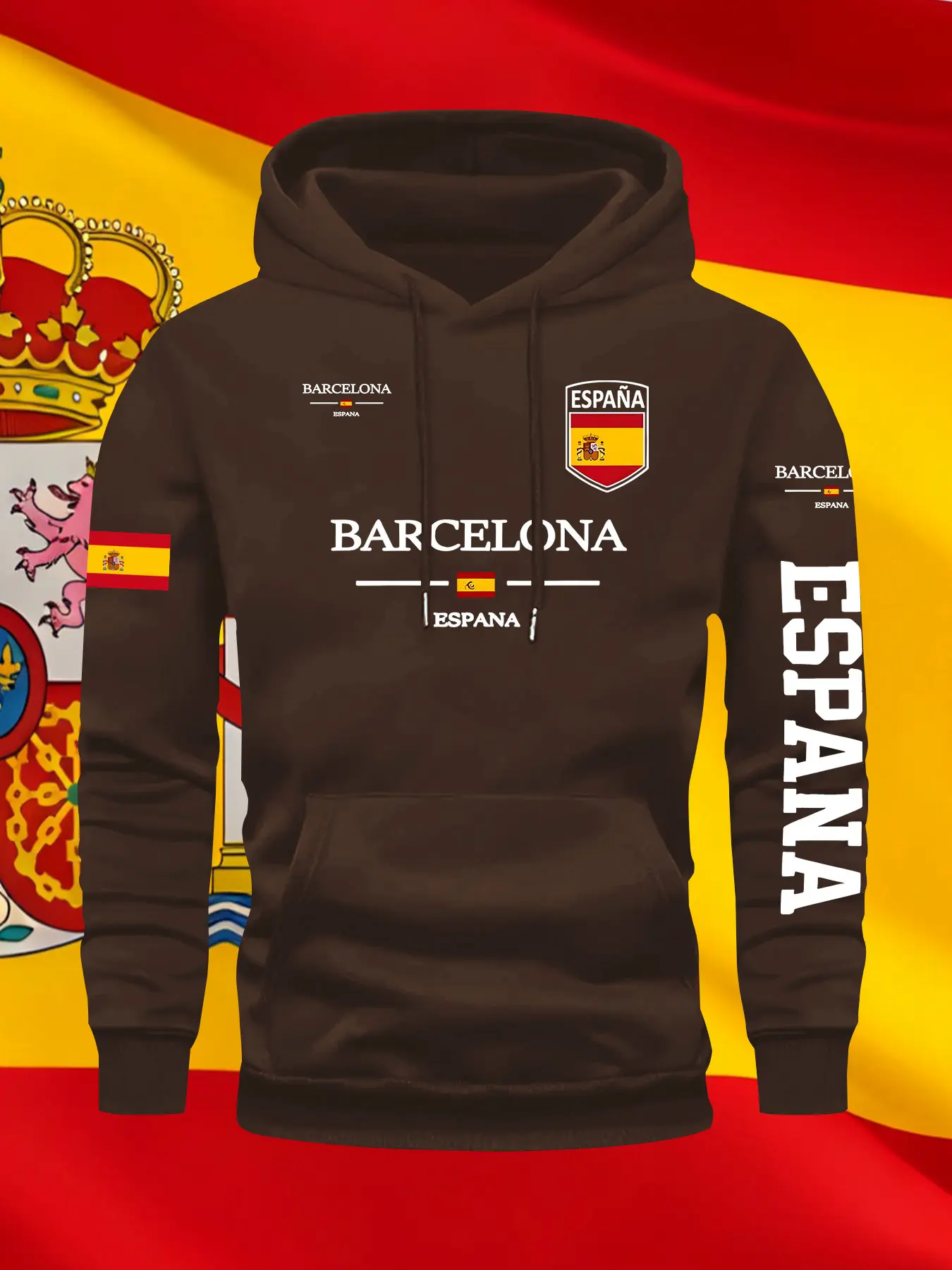 Men's Fall Winter Trendy Barcelona Graphic Print Hoodie, Casual Fitted Pullover, Drawstring Pocket Design, Geometric Pattern, Fashion Sportswear, Cultural Pride, Hooded Pullover Sweatshirt