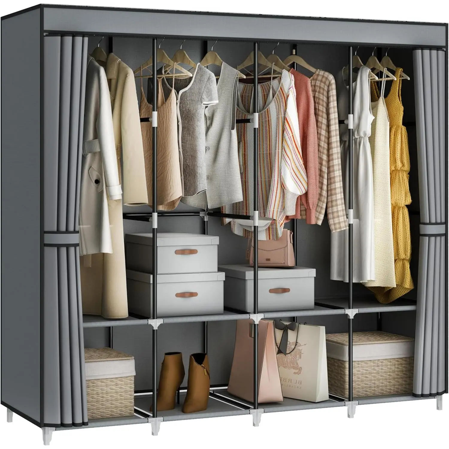 Portable Closet Wardrobe, 67-Inch Clothes Organizer with 4 Hanging Rods and 8 Shelves, Non-Woven Fabric Cover, Large Capacity Storage for Bedroom and Living Room, Grey