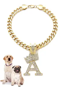 Icemond Rhinestone Studded Initial Pendant 26" Cuban Chain Pet Necklace in Gold Tone [A-H]
