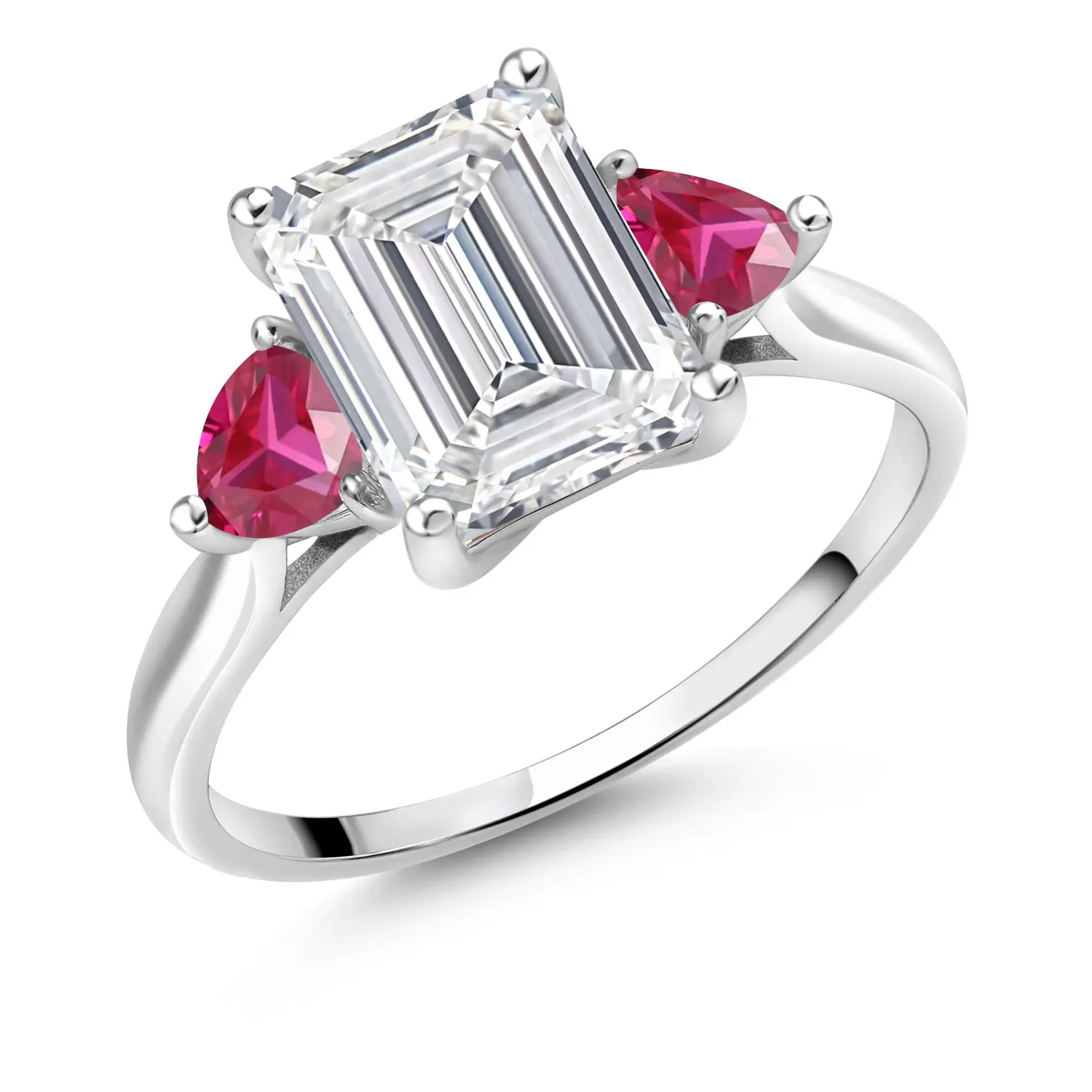 Gem Stone King Women's 3.54 Cttw 10-karat White Gold IGI Certified VS Lab Grown Emerald Cut Diamond & 4MM Trillion Created Ruby 3-Stone Beautiful Engagement Promise Sparkling Ring (3 Ct Center Diamond), Beautiful Rings, Engagement Promise Rings