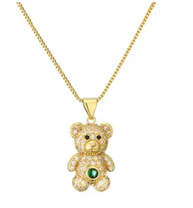 Emerald Icy Gold Teddy Bear Necklace Gold Plated with Sparkling Stones and Elegant Design
