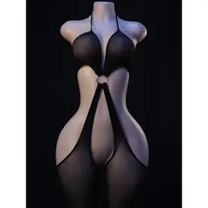 Women's Sexy Spandex Blend Fabric Bodysuit - Geometric Knit Lace Ring Strap Lingerie, Skin-friendly, Breathable, Hollowed-out, Cross Waist Seal, Hourglass Figure-Enhancing, Front-Laced, Hidden X-Back, Cut-Out Strapless