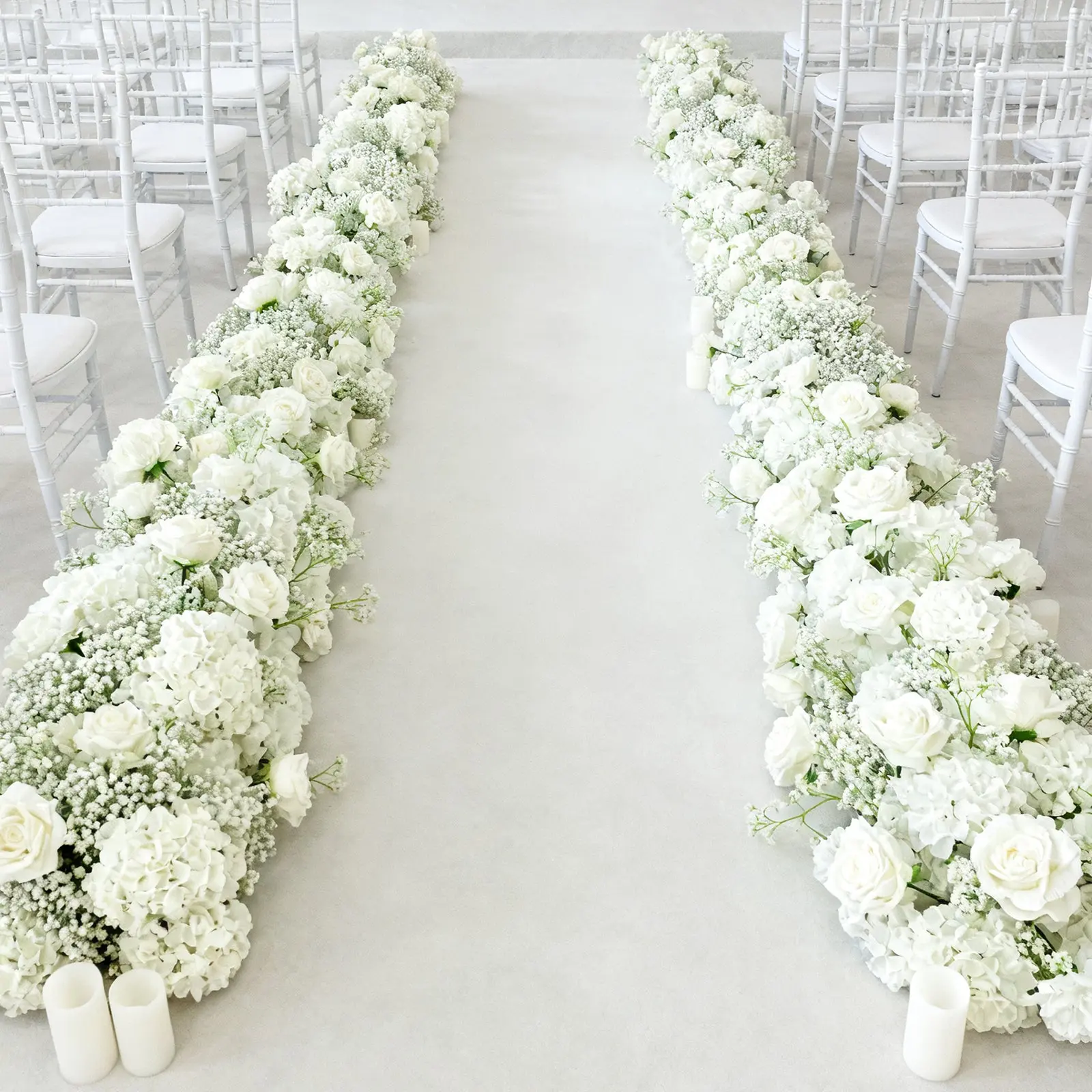 Pre-Arranged Silk Flowers Table Runner - 40x16in, White Roses, Hydrangeas & Baby's Breath for Wedding Table, Arch Decor