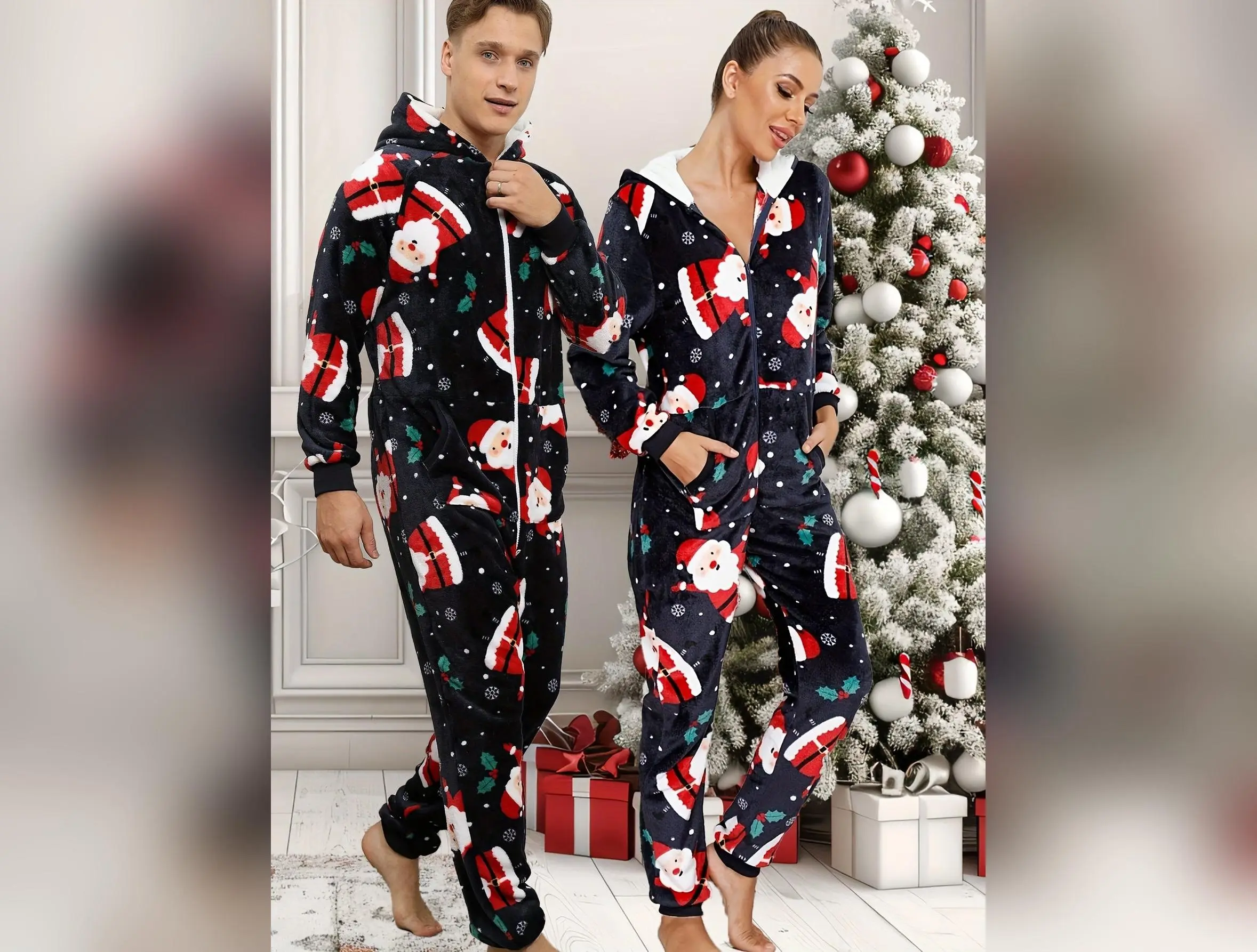 Christmas Hooded Fleece Jumpsuit for Couples - Casual Polyester Hoodie Pajamas with Zipper - Seasonal Knit Fabric Loungewear with Pockets - 100% Polyester Loose Fit Holiday Costume