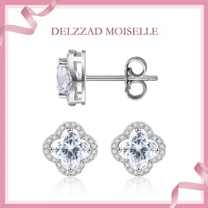 Delzzad Starlight Clover Earrings Synthetic Moissanite Stud Earring Synthetic Moissanite Jewelry Engagement Wedding Anniversary Perfect Gifts Studearrings