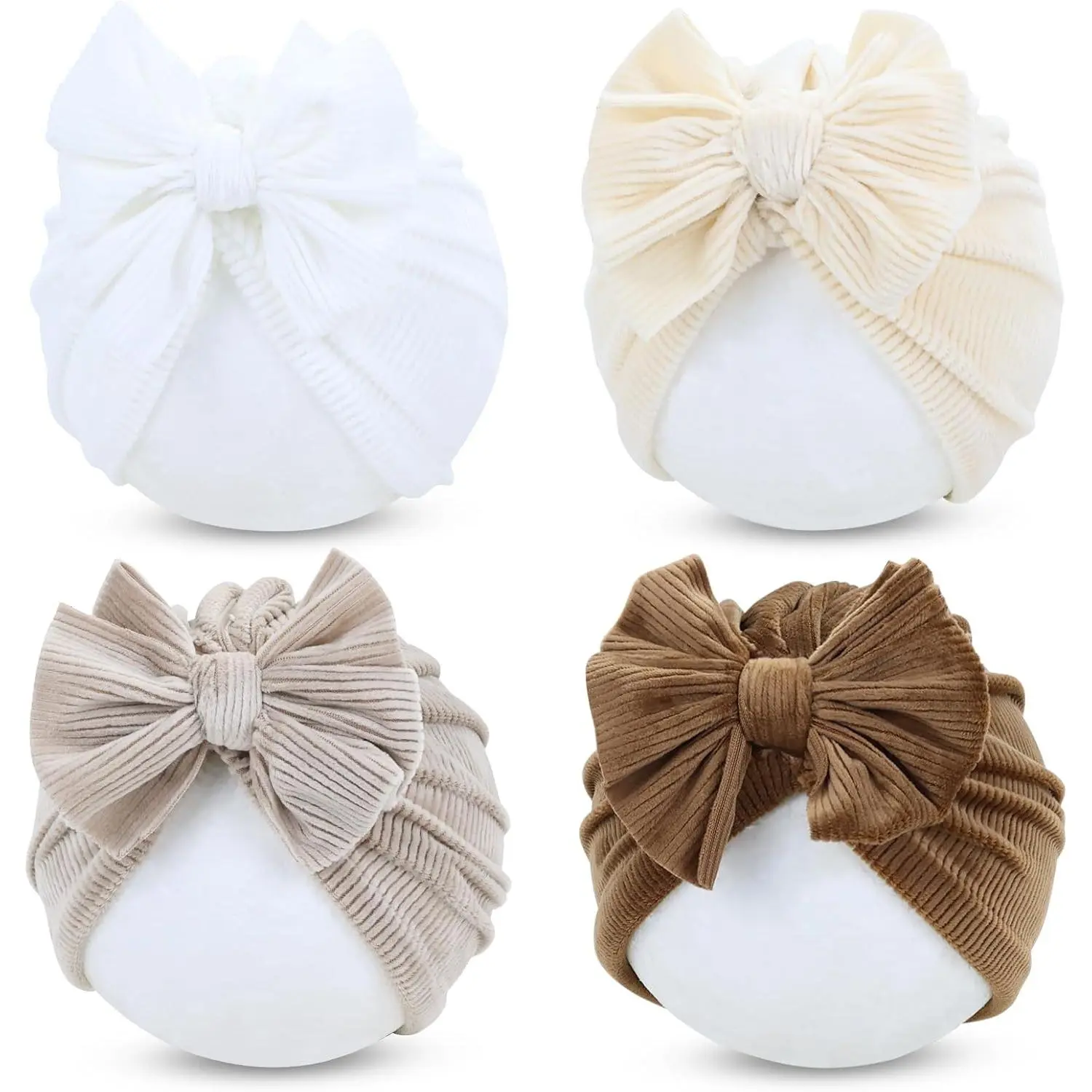 Baby Girls Turban Hats, 4-Piece Solid Color Beanies with Mini Bow for Newborns, Infants, and Toddlers, Mini Bow Baby Hats & Caps, Headwraps, Bonnets, Blue+Turmeric+Purple+Green