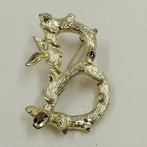 Sarah Coventry Gold Tone Letter B Bamboo Branch Leaf Initial Monogram Brooch