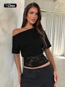 Women Summer Short Sleeve One Shoulder Lace Party Club T Shirt Tops
