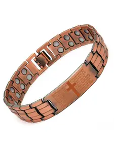 Vintage Copper Cross Magnetic Bracelet for Men Wide Adjustable Eco Friendly Alloy Hand Jewelry with Red Stone Accents Fashionable Unisex Accessory