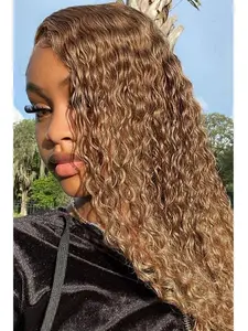 Human Crochet Hair for Black Women 16 Inch Deep wave Crochet Human Hair Bundles 60g Pre-Separated Feather Crochet Human Hair Deep Wavy Invisible Crochet Hair Extensions 100 Strands Honey Blonde