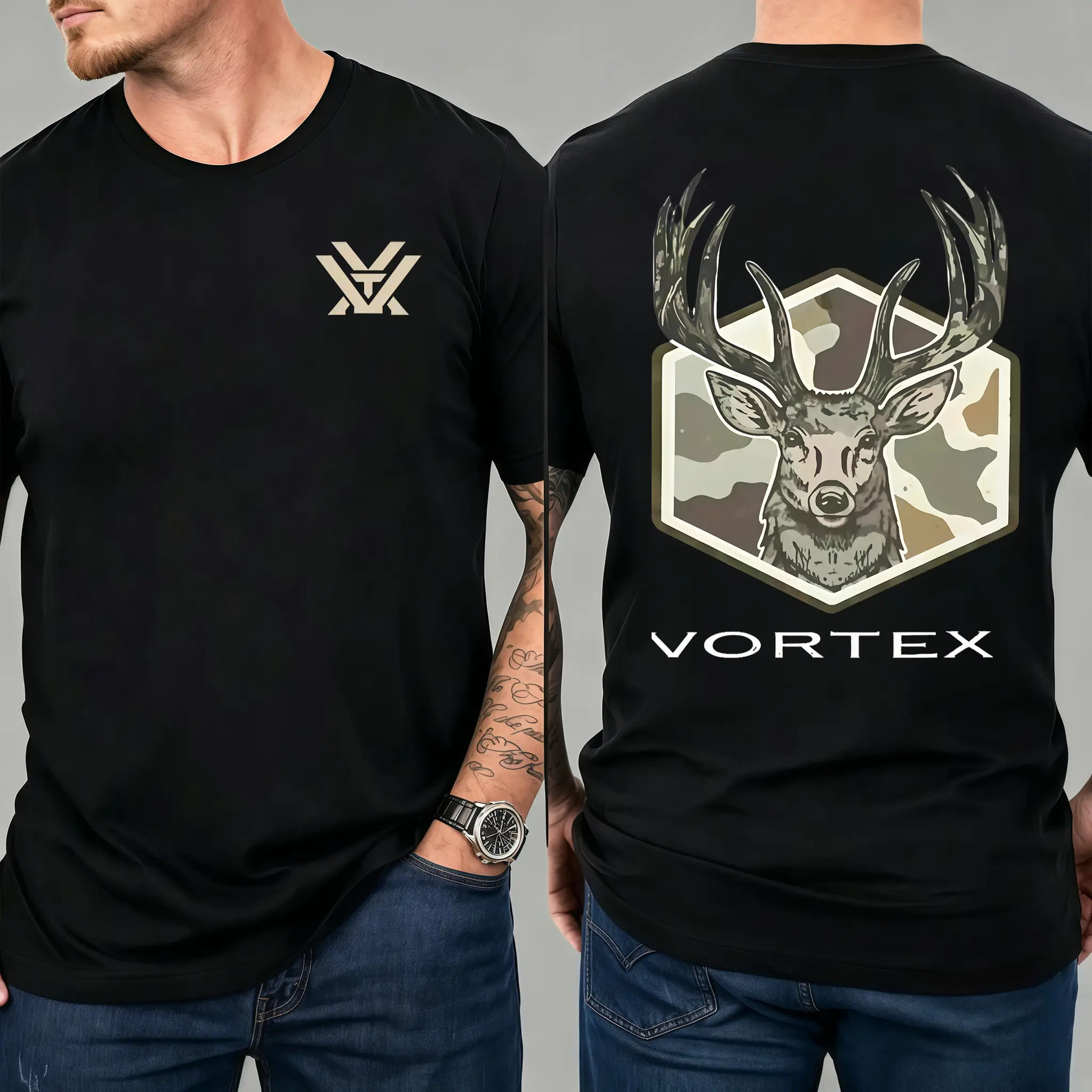 [Graphic Tee] 100% Cotton - Vortex Deer Hunting Camouflage Graphic T-Shirt, Old School Outdoor Hunting Design Casual Tee, Rustic Wildlife Style Shirt for men