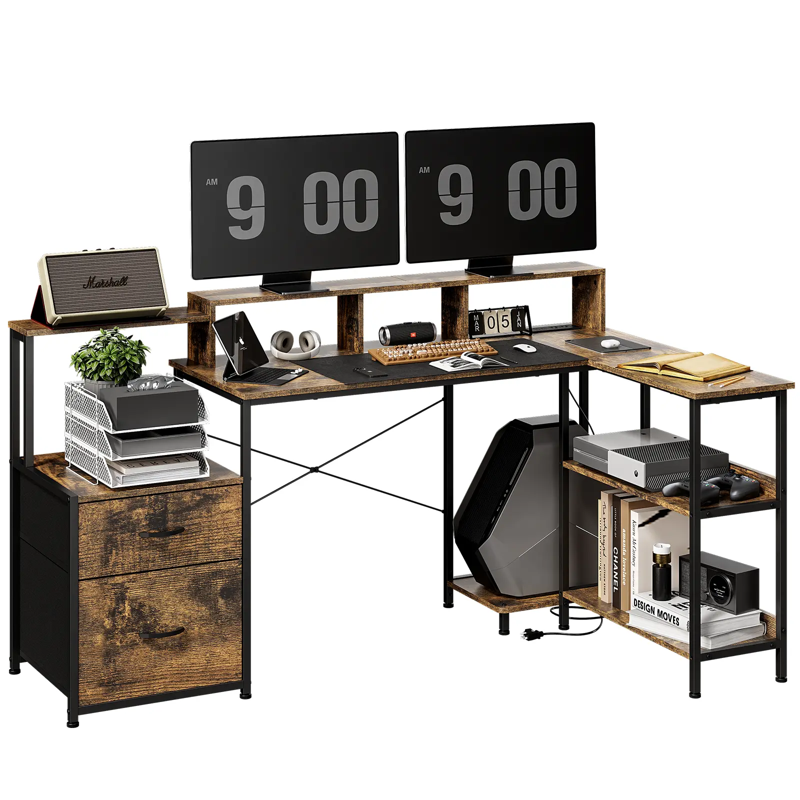 (High end and high-quality Computer desk)L Shaped Gaming Desk with File Drawer, 73" Reversible L Shaped Computer Desk with Power Outlet & LED Lights, Storage Shelves and Monitor Stand Corner Desk RUSTIC BROWN