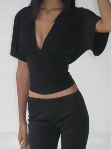 Y2K V Neck Short Batwing Sleeve Top, Casual Fashion Summer Commute Leisure Wear Tee Shirts, Streetwear Basic All-match Solid Women's Clothings