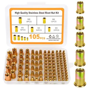Metric Rivet Nut Assortment Kit, 105 count stainless Steel SAE Rivet Nut, M3 M4 M5 M6 M8 UNC Flat  Rivnut Set, Threaded Insertion Nut Sets for Automotive, Mechanical and Other Equipment