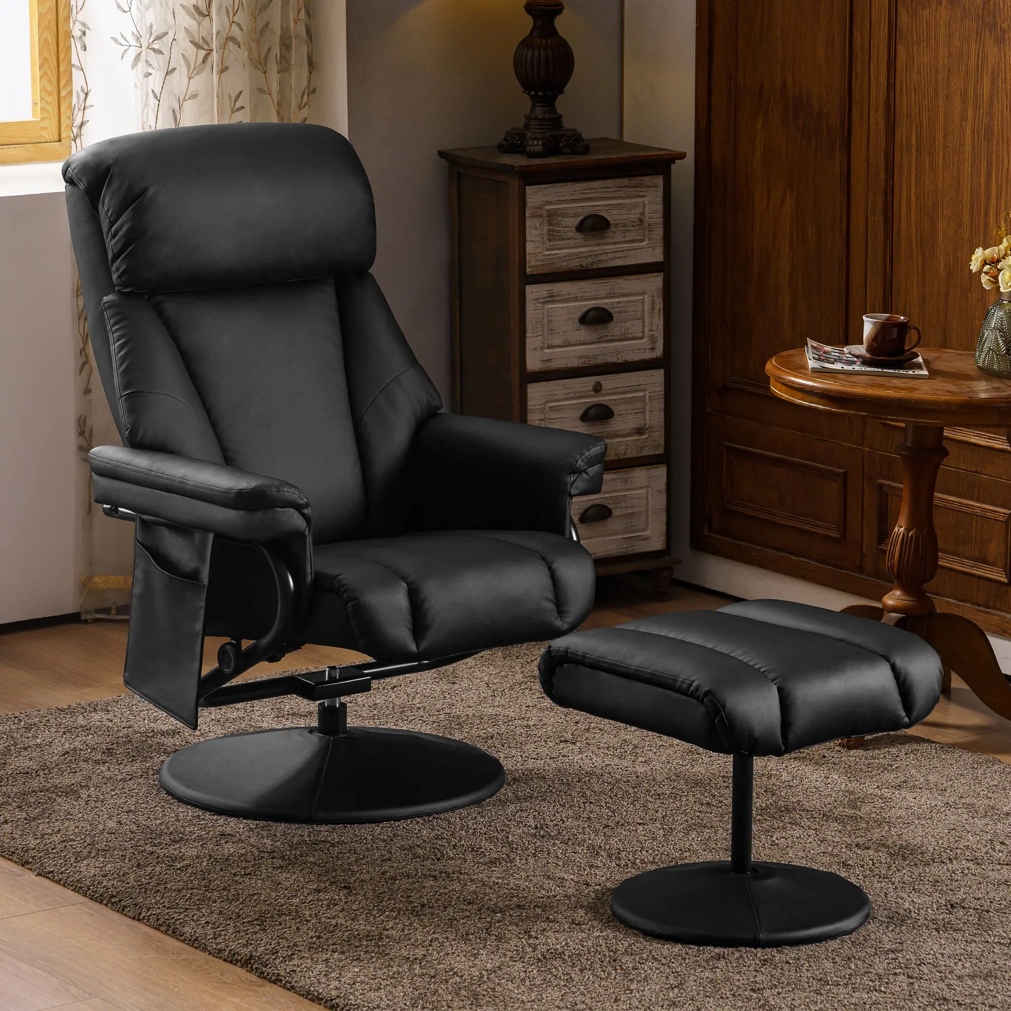 Swivel Recliner with Ottoman, with Massage, Faux Leather 4539