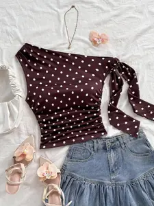 Women's Y2K Style Polka Dot Print Ruched Asymmetric Shoulder Top, Casual Shirt for Women, Trendy Fashion Apparel, Blouse, Womenswear