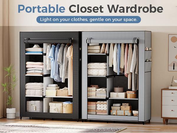 Portable Wardrobe Closet with Cover, Freestanding Portable Garment Rack, Portable Closet Wardrobe for Clothes Storage, Clothes Organizer for Bedroom, Dorm, Apartment, Black.