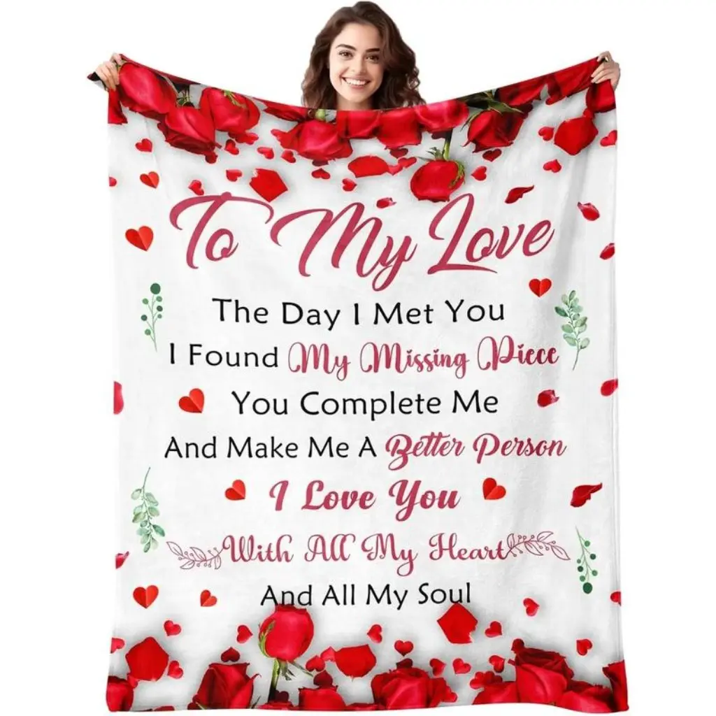 Flannel Throw Blanket - 50x60in (Youth Size 125x150cm) Slogan Print Blanket with "I Love You" Message, All-Season Gift for Girlfriend (Anniversary, Birthday)