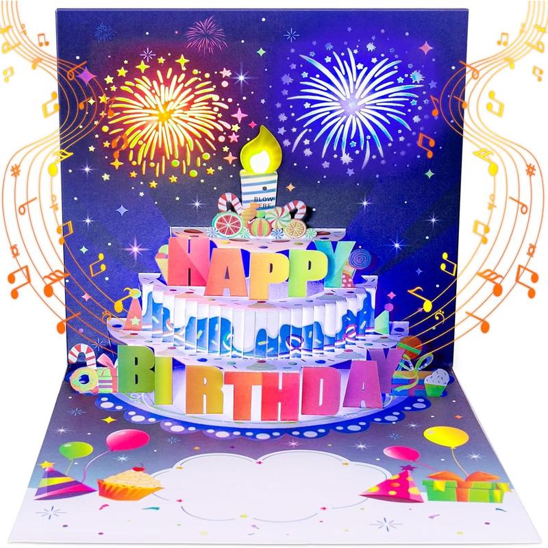 Birthday Cards Fireworks Pop Up Cake Blowable Light and Music Happy Birthday Card Gifts for Women Men Mom Kids