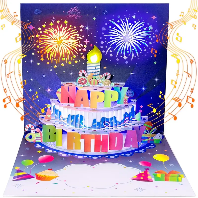 Birthday Cards Fireworks Pop Up Cake Blowable Light and Music Happy Birthday Card Gifts for Women Men Mom Kids