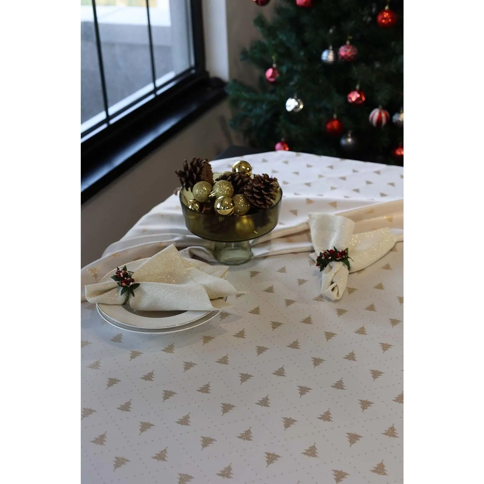 Christmas Tree Tablecloth- Beige & Gold