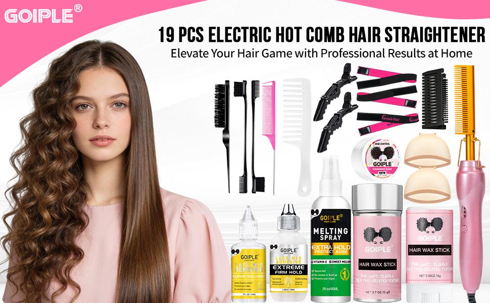 19 Counts Pink Electric Hot Comb Hair Straightener with Anti-Scald Case for Natural Hair and Wigs Adjustable Hair Curler  Salon Smooth