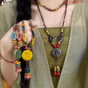 Vintage Tribal Adjustable Disc Ceramic Bead Necklace Handmade High Temperature Kiln Fired Irregular Bohemian Ethnic Sweater Chain For Women Daily Vacation Wear