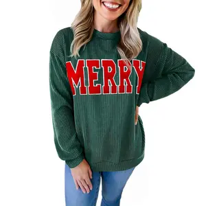 Znacicc Women's Christmas Top Merry Letter Graphic Xmas Pullover Cozy Twisted Rib Knit Long Sleeve Winter Outfit Holiday Party Gift