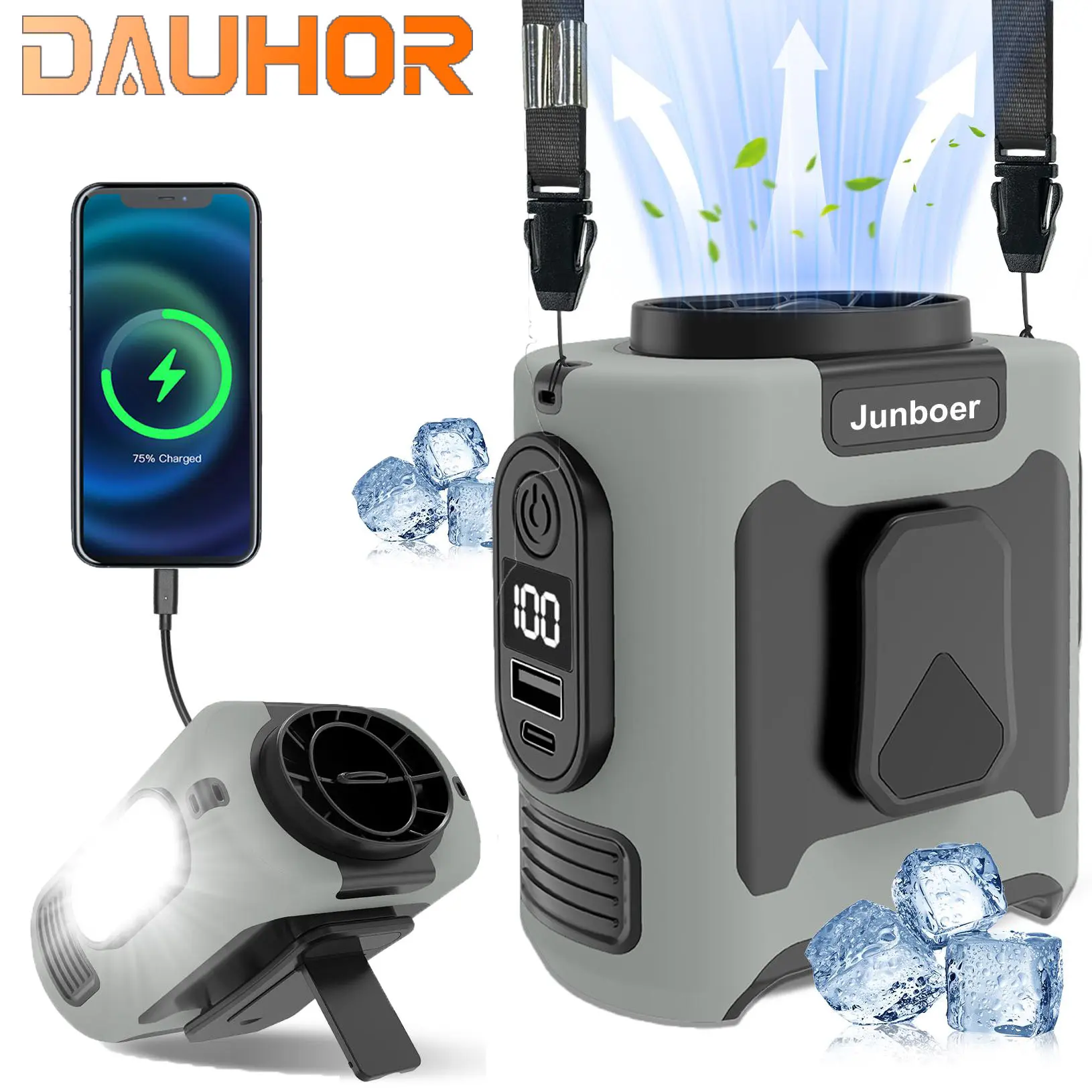 2026new upgraded 3-in-1 portable waist-hanging fan, outdoor fan, 5 adjustable wind speeds, LED flashlight, and 10000mAh battery, Type-C interface mobile power supply, stepless speed change, strong wind, summer,Rechargeable Personal Fan Usb Charging Fan