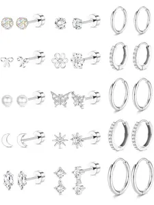 Exquisite 15 Pairs Silvery Stylish Flat Back Earrings Surgical Stainless Steel Stud Hoop Earrings for Women Men Hypoallergenic Cute Stud Earring Set Small Huggie Hoops Cartilage Earring Stacks Ear Studs