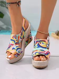 Boho Style Colorful Print Wedge Sandals for Women, Summer Thick Sole Waterproof Platform Slip-On High Heel Fish Mouth Shoes, Beach Vacation Footwear