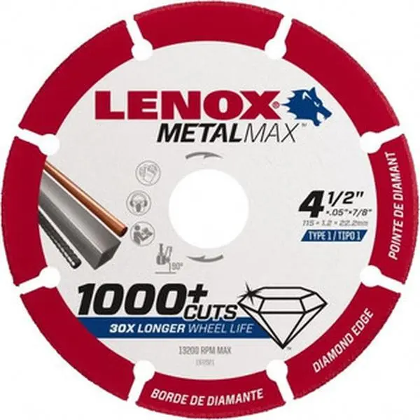 Lenox Diamond Cutoff Wheel for Cutting Metal, 4.5x0.05in, 7/8in Hole, 40/50 Grit, 13200 Max RPM, Manufacturer Part# 1972921, Use with Angle Grinders & Power Tools
