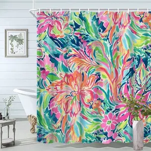 1pc Colorful Floral Shower Curtain Bathroom Decor Bathtub Partition Hanging Curtain Set 70. 8x70. 8 Inch With 12 Hooks, Vibrant Blooming Tropical Flower Pattern Design For Lively Bathroom Decor