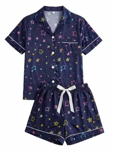 Women's Short Sleeve Pajama Set, Star Print Design, Comfortable Sleepwear, Fashionable Home Lounge, Cozy Night Clothes