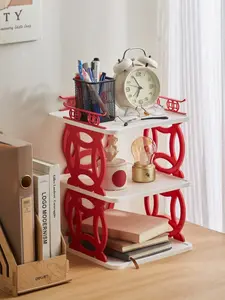 3/4-Tier Space-Saving Desk Organizer Shelf - Cute Red-White Desktop Storage Rack for Dorms, Stationery, Books & Decor