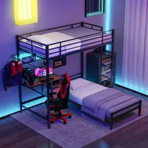 L-Shaped Metal Bunk Bed Frame with Storage Shelves, Twin Over Twin Bunk Bed with Desk and Charging Station for Teens, Black Game Bunk Bedframe with LED Lights, Safety Guardrail and Ladder, Black