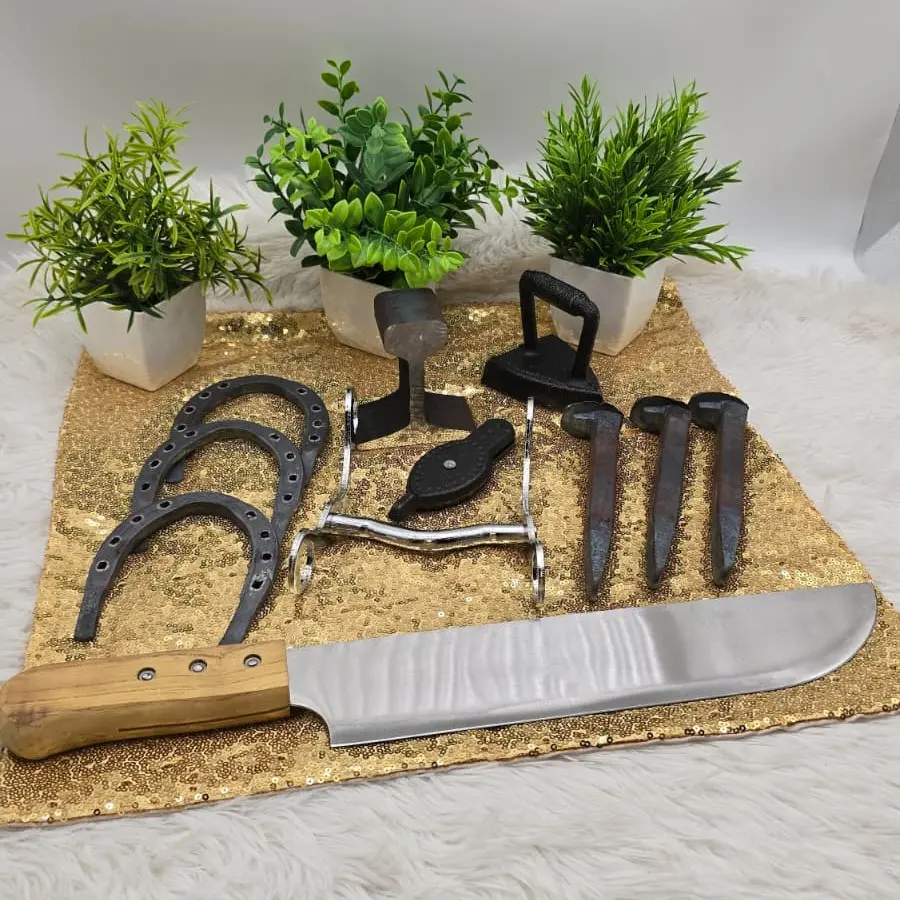 Oggun Iron Tool Set - 7-Piece Traditional Reinforcement Kit for Altar & Spiritual Shrine (Horseshoe, Machete, Horse Bit, Anvil Track, Bellows, Railroad Spike)