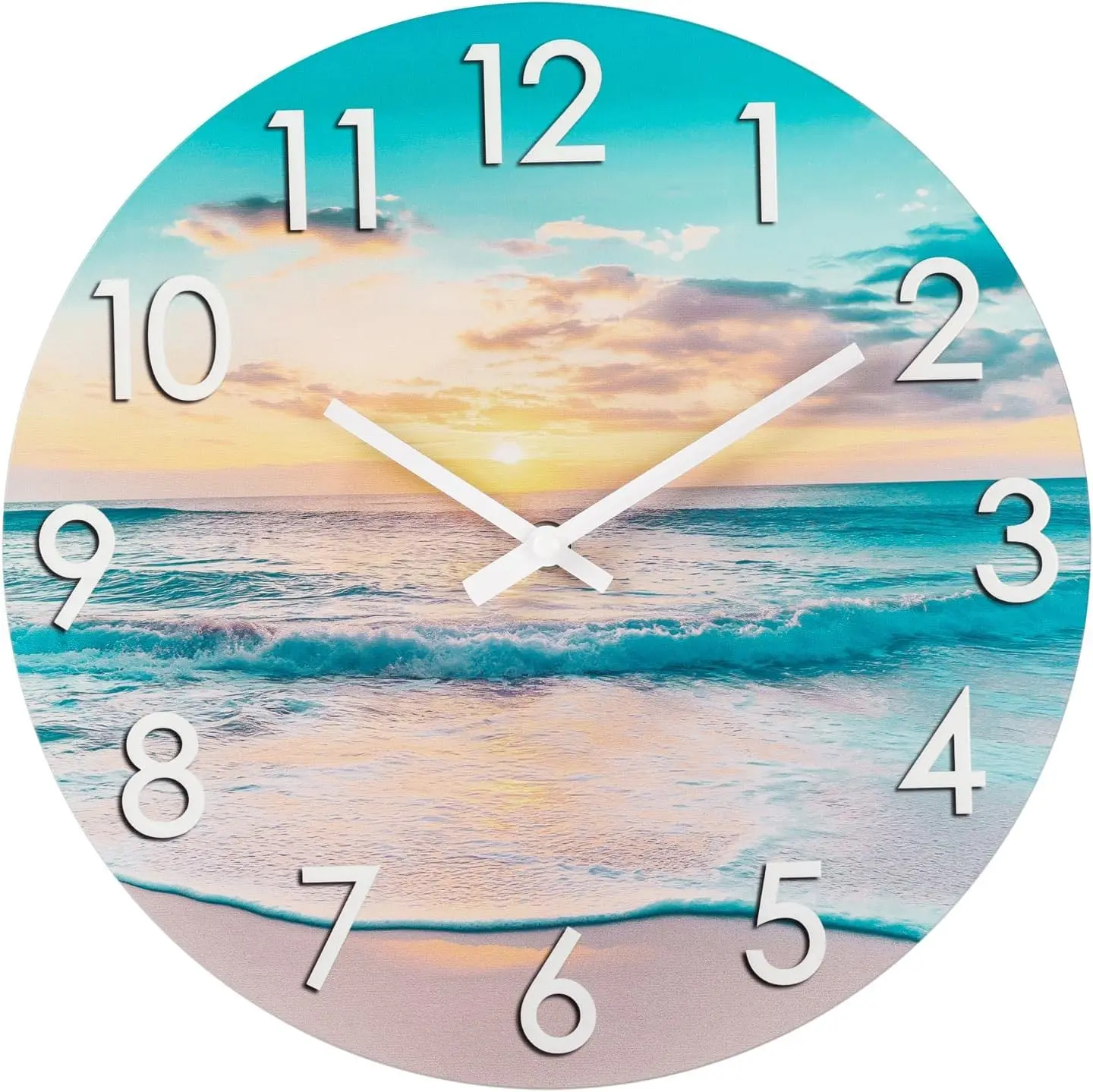 12 Inch Outdoor Clock – Waterproof Tempered Glass with Sunset Beach Scene, UV Resistant, Battery Operated, Silent, Coastal Decor for Patio, Pool, Garden, Porch & Bathroom