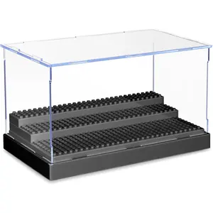 Display Case for Minifigure Action Figures Blocks, Acrylic Minifigure Display Case Box Storage with 3 Movable Steps Gift for Kids Adults