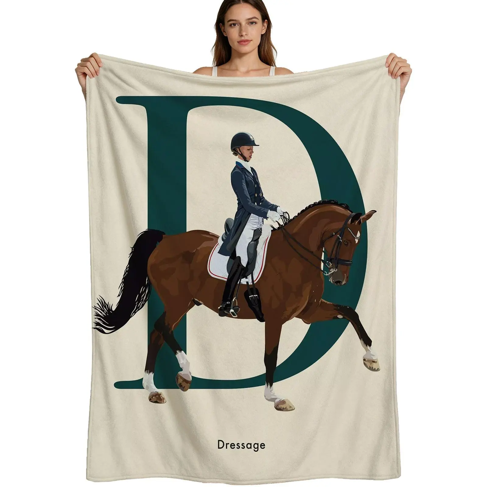 Equestrian Style Anti-Pilling Flannel Blanket - Dressage Horse Rider Pattern, Soft Brushed Fabric, 4 Sizes, For Horse Lovers, Living Room Decor, Home/Couch Use, Single Pack