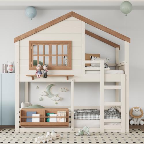 Bellemave  Bunk Bed/Loft Bed with Bookshelf, House Design, High-Quality Safety Fencing.The upper layer is used as a sleeping area, while the lower layer can be flexibly configured as a gaming area, learning area, storage space, or additional sleeping area