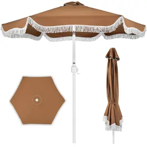 Best Choice 9ft Fringe Market Umbrella – Boho Patio Sunshade w/ Tilt, UPF50+, Steel Pole for Table, Pool, Deck