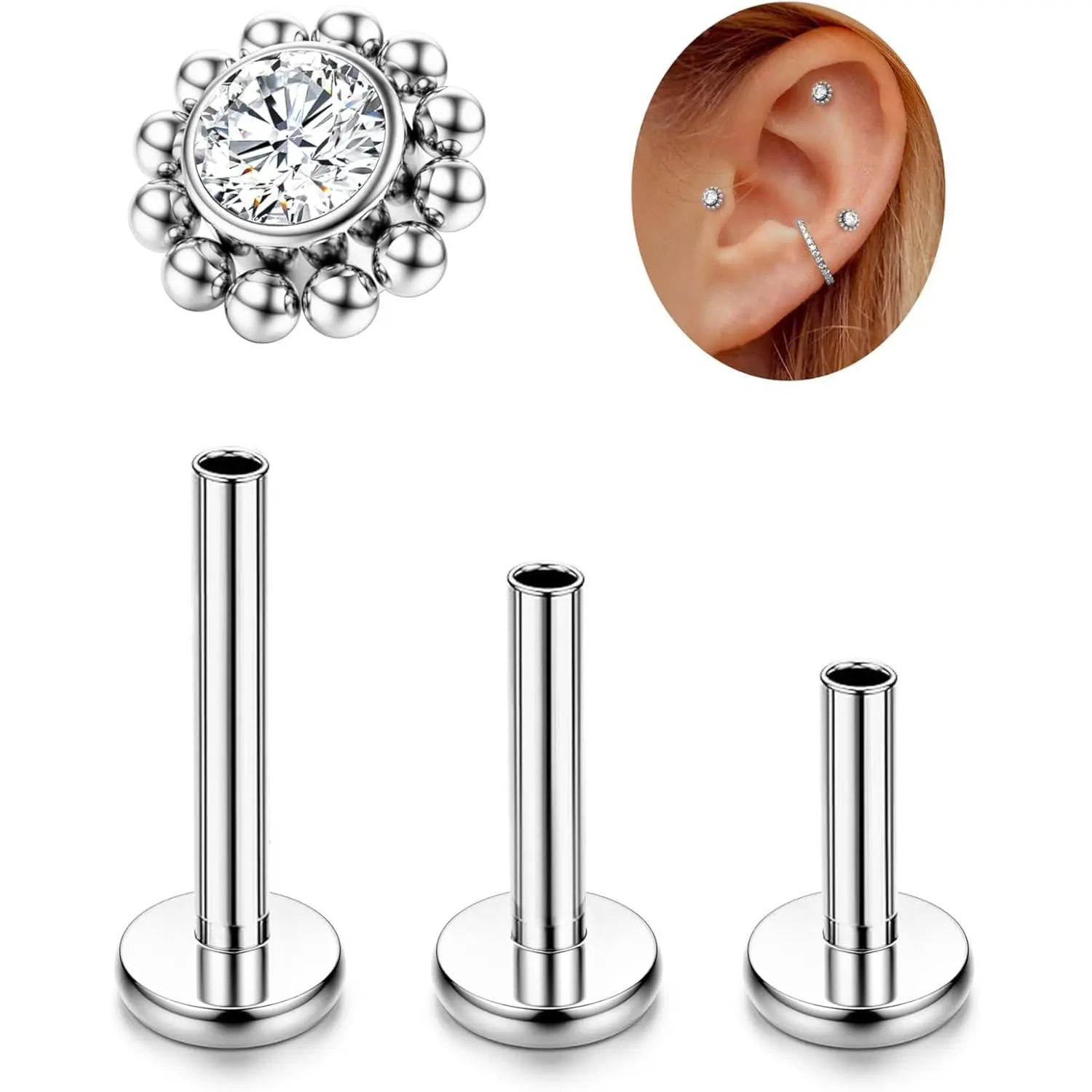 16G G23 Titanium Tragus Conch Helix   6mm 8mm 10mm - Internally Threaded Flat  Stud Cartilage Earrings  Forward Earlobe Labret Tragus
