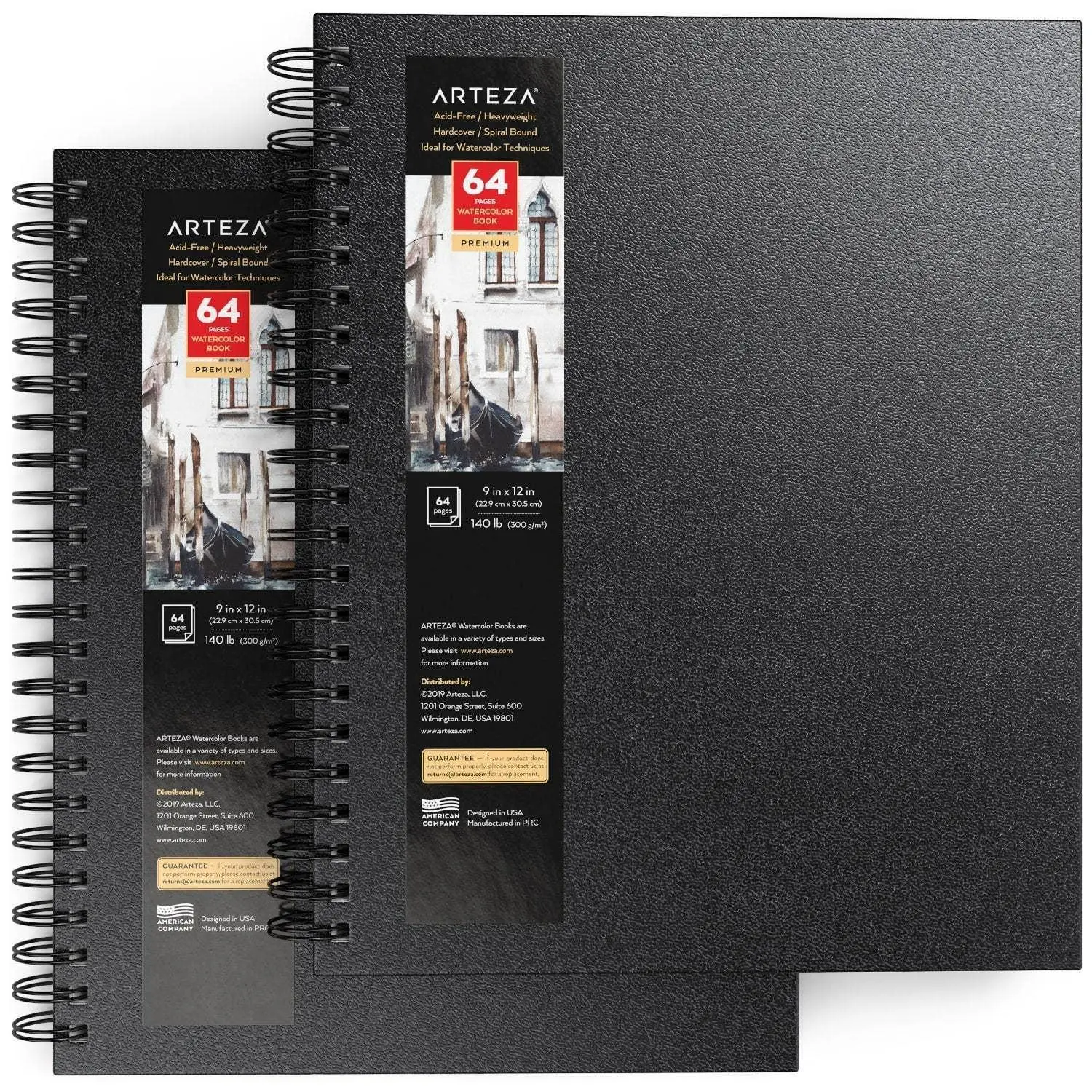 Arteza® 2-Pack Spiral-Bound Black Hard Craft Paper Covers Watercolor Book for Artists, 9"x12", 64 Pages Textured Paper, Travel-Friendly, Easy Flipping, Allows Full-Page Use, Travel-Ready Storage, Quality Art Supplies - ARTZ-9121